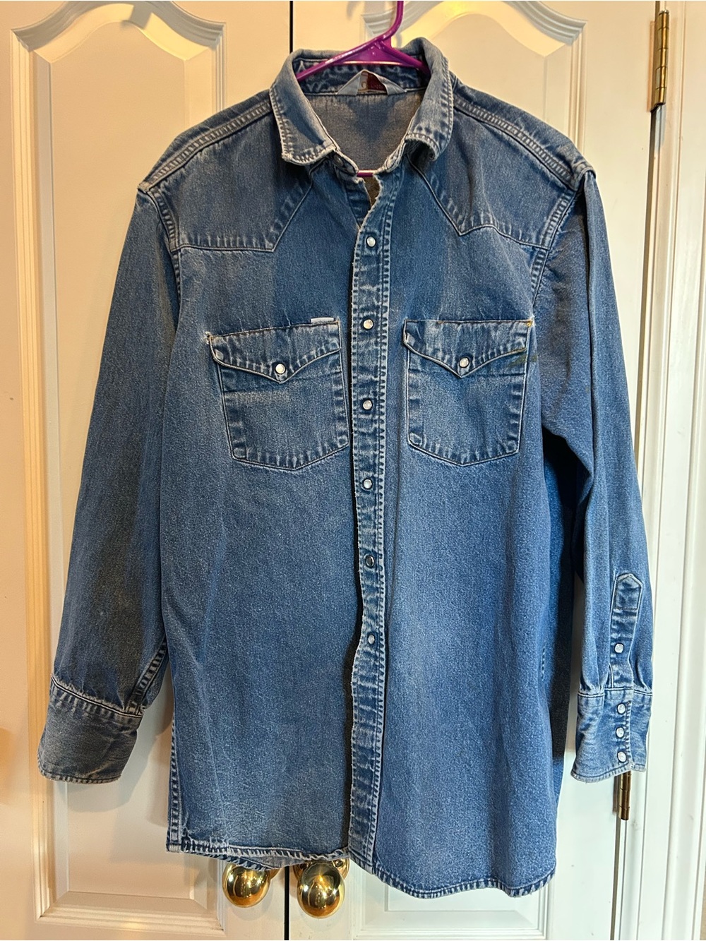 Carhartt men large 90’s heavy denim pearl snap work shirt